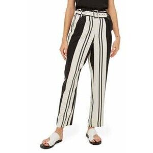Topshop Dolly Pants Size 6 Tapered Belted Trousers Striped Black White EUC B67